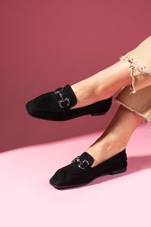 Arven Siyah Süet Saraçlı Tokalı Loafer Babet