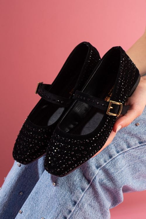 Renata Siyah Süet Taş İşlemeli Gold Tokalı Kemer Bantlı Babet