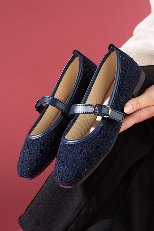 Camelia Lacivert Simli Kumaş Nikel Tokalı Kemer Bantlı Babet