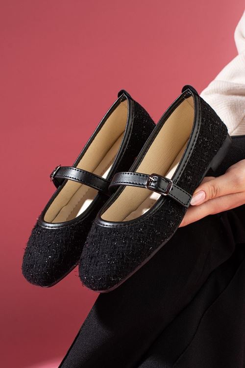 Camelia Siyah Simli Kumaş Nikel Tokalı Kemer Bantlı Babet