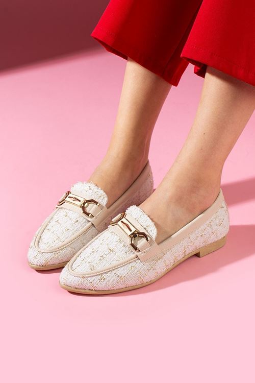 Cassia Bej Simli Kumaş Gold Zincir Aksesuarlı Loafer Babet
