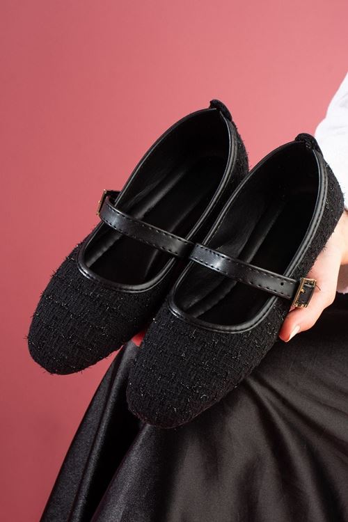 Minerva Siyah Simli Kumaş Gold Tokalı Kemer Bantlı Babet