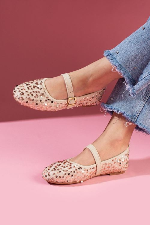 Aurora Bej Altın Pullu Payetli Gold Tokalı Tek Bant Babet