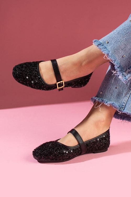 Aurora Siyah Pullu Payetli Gold Tokalı Tek Bant Babet