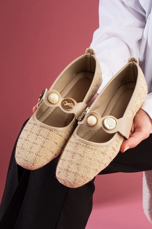 Modena Vizon Simli Kumaş İnci ve Mühür Detaylı Bantlı Babet