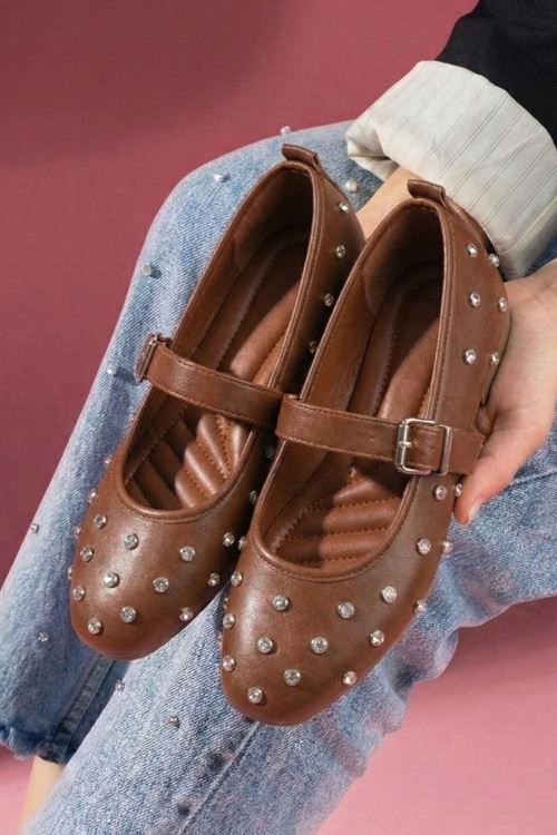 Argent Taba Cilt Kristal Zımba Taşlı Kemerli Premium Babet