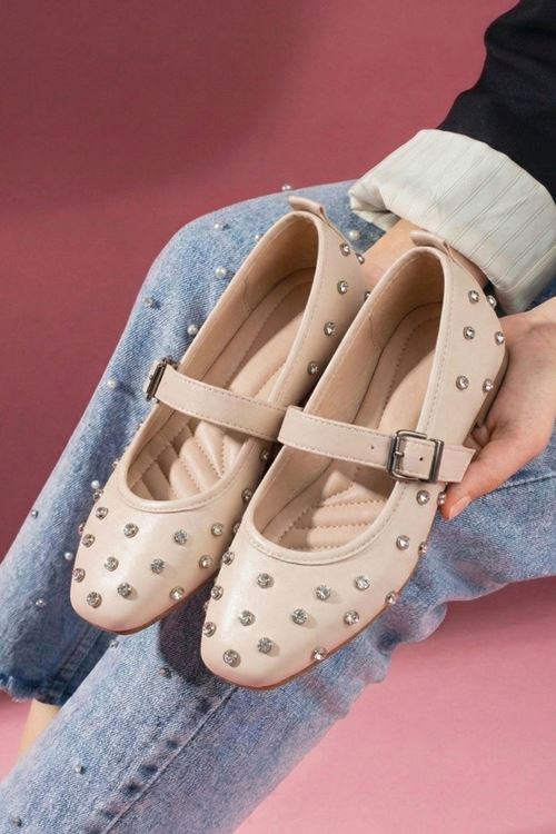 Argent Bej Cilt Kristal Zımba Taşlı Kemerli Premium Babet