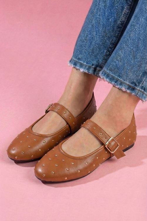 Kroma Taba Cilt Metal Mini Troklu Kemerli Premium Babet