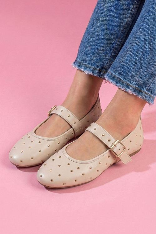 Kroma Bej Cilt Metal Mini Troklu Kemerli Premium Babet