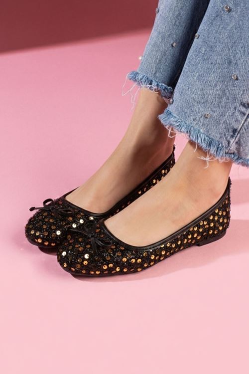 Lucent Siyah Altın Pullu Payetli Fiyonk Detaylı Babet