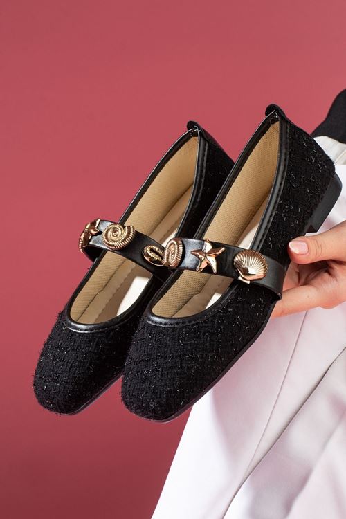 Veneta Siyah Simli Kumaş Deniz Kabuğu Yıldız Aksesuar Bantlı Babet