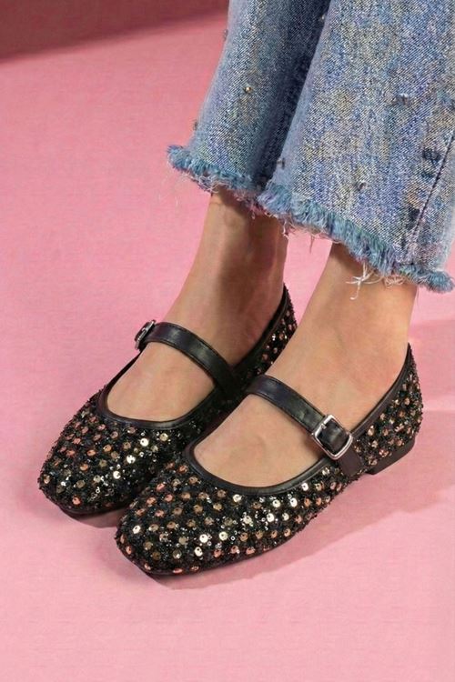 Solaro Siyah Altın Pullu Payetli Nikel Tokalı Tek Bant Babet