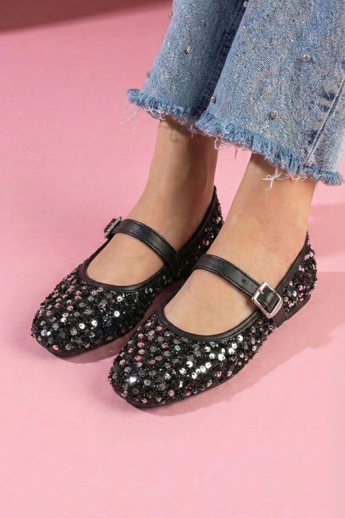 Solaro Siyah Gümüş Pullu Payetli Nikel Tokalı Tek Bant Babet