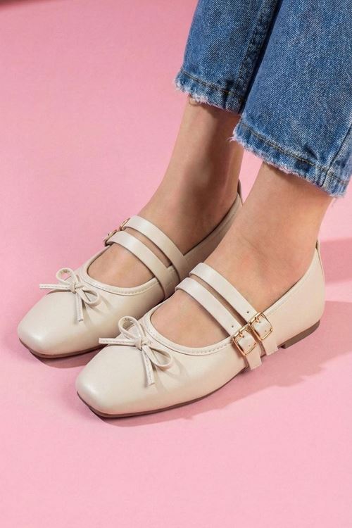 Eterna Bej Cilt Fiyonklu Gold Tokalı Çift Bant Babet