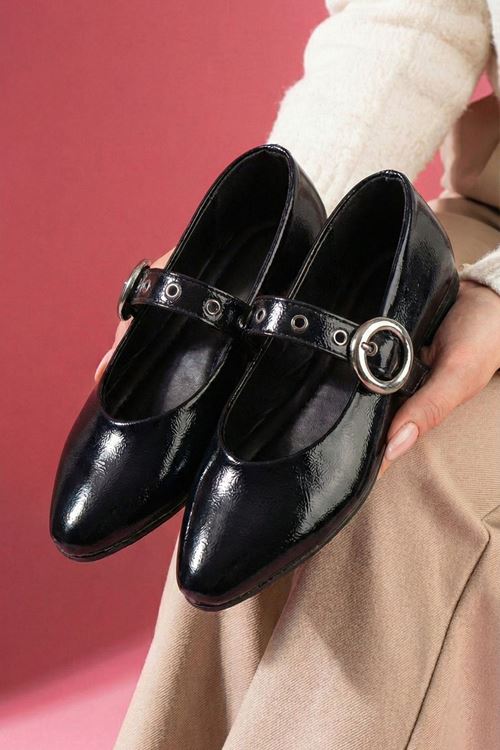 Allegra Siyah Kırışık Rugan Nikel Halka Tokalı Kemer Bantlı Babet