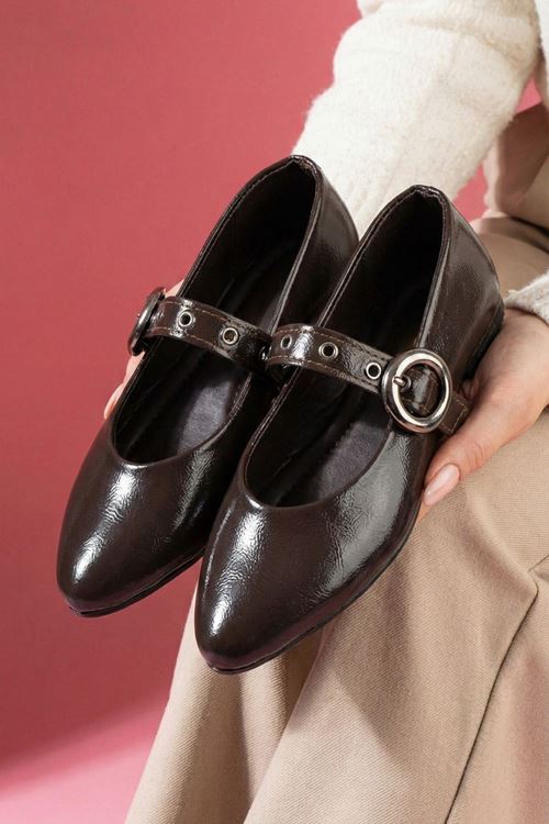 Allegra Kahverengi Kırışık Rugan Nikel Halka Tokalı Kemer Bantlı Babet