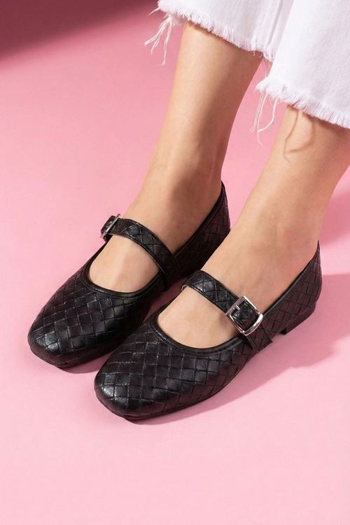 Toledo Siyah Cilt Örgü Dokulu Nikel Tokalı Kemer Bantlı Babet