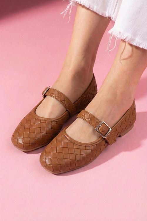 Toledo Taba Cilt Örgü Dokulu Nikel Tokalı Kemer Bantlı Babet