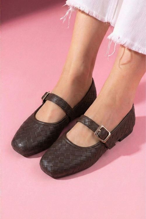 Toledo Kahverengi Cilt Örgü Dokulu Nikel Tokalı Kemer Bantlı Babet