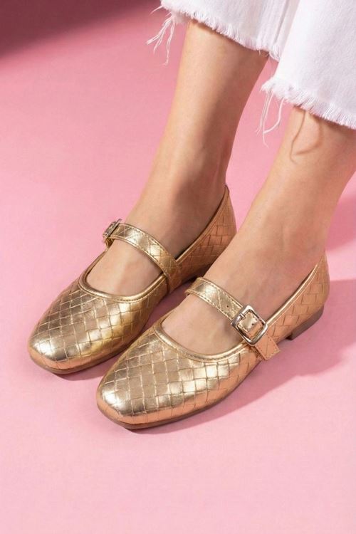 Toledo Altın Cilt Örgü Dokulu Nikel Tokalı Kemer Bantlı Babet