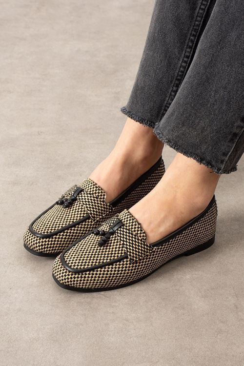 Padova Damalı Siyah Püsküllü Ahşap Boncuk Detaylı Loafer Babet Günlük Ayakkabı