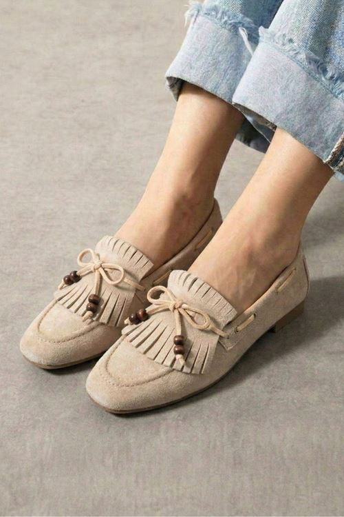Ravello Bej Süet Boncuk Detaylı Püsküllü Bağcıklı Loafer Babet Günlük Ayakkabı
