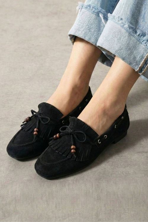 Ravello Siyah Süet Boncuk Detaylı Püsküllü Bağcıklı Loafer Babet Günlük Ayakkabı