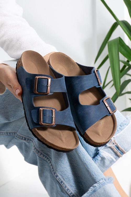 Arona Lacivert Nubuk Çift Bantlı Ortopedik Mantar Taban Premium Terlik