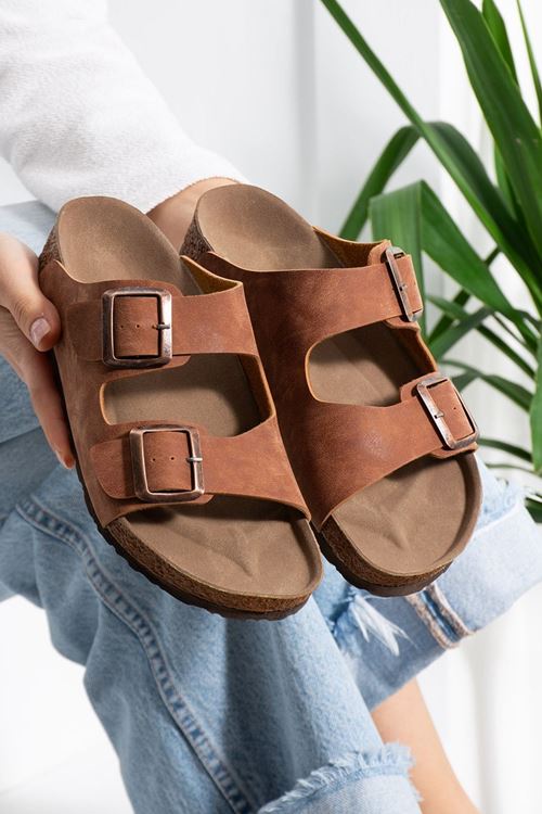 Arona Taba Nubuk Çift Bantlı Ortopedik Mantar Taban Premium Terlik