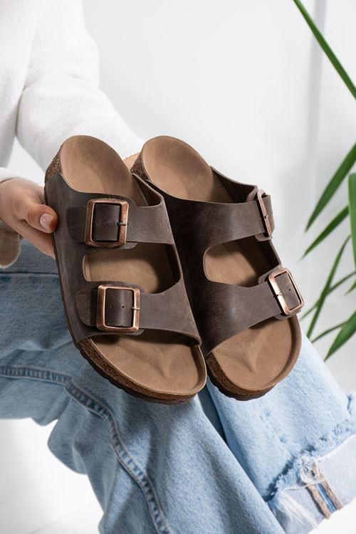 Arona Kahverengi Nubuk Çift Bantlı Ortopedik Mantar Taban Premium Terlik