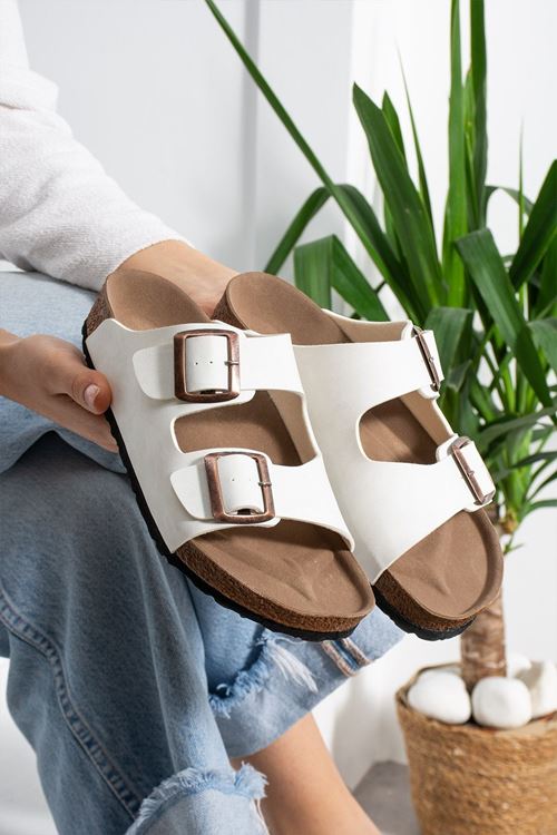 Arona Beyaz Nubuk Çift Bantlı Ortopedik Mantar Taban Premium Terlik