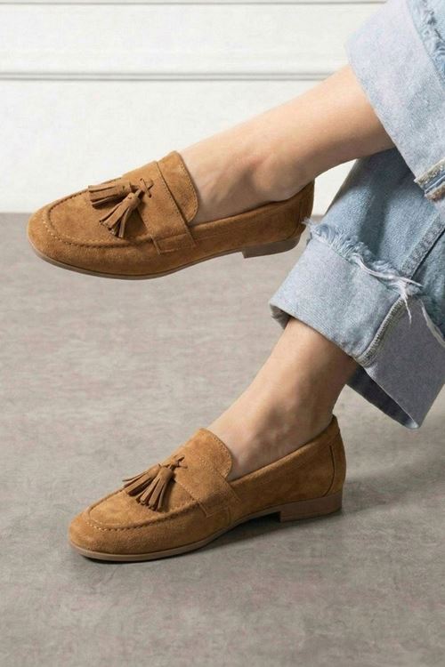Savona Taba Süet Püskül Detaylı Loafer Babet Günlük Ayakkabı