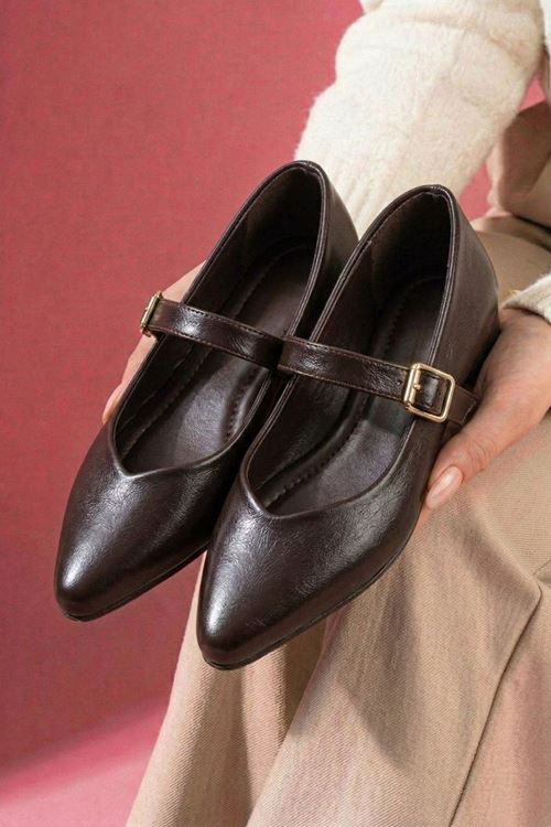 Marion Kahverengi Kırışık Rugan Gold Tokalı Kemerli Sivri Kalıp Babet