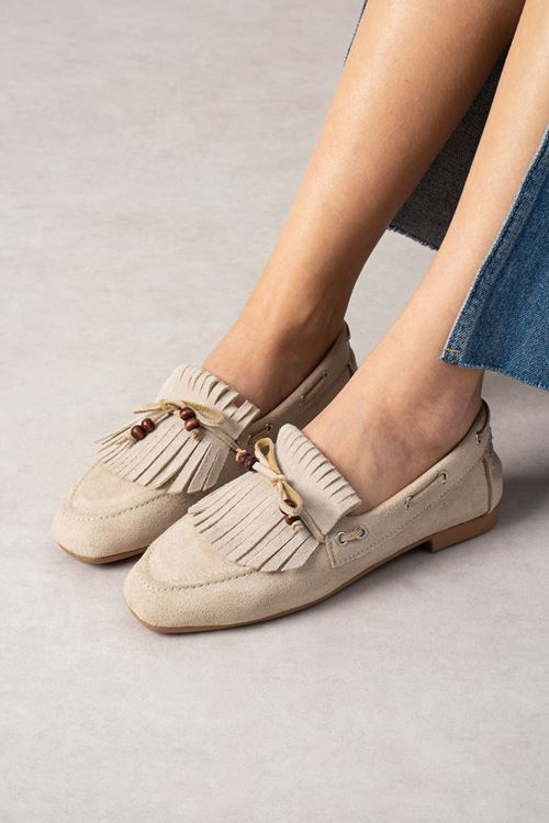 Ravello Bej Süet Boncuk Detaylı Püsküllü Bağcıklı Loafer Babet Günlük Ayakkabı