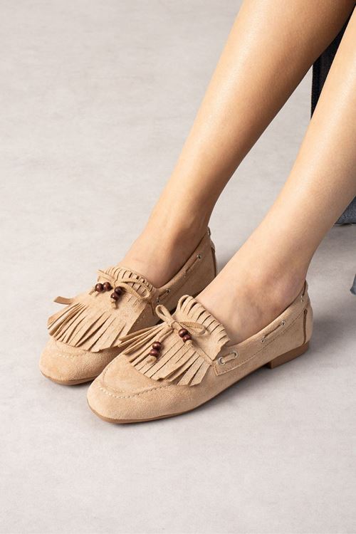 Ravello Vizon Süet Boncuk Detaylı Püsküllü Bağcıklı Loafer Babet Günlük Ayakkabı