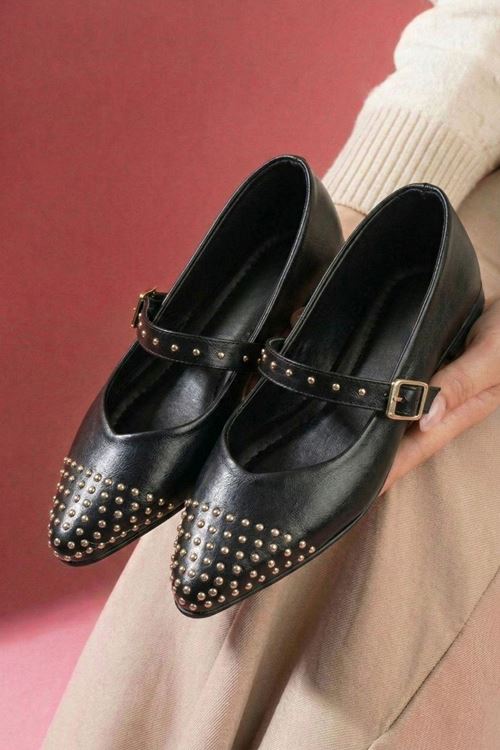 Rivoli Siyah Kırışık Rugan Metal Mini Troklu Kemer Bantlı Sivri Kalıp Premium Babet