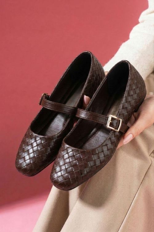 Saphia Kahverengi Cilt Örgü Dokulu Gold Tokalı Kemer Bantlı Babet