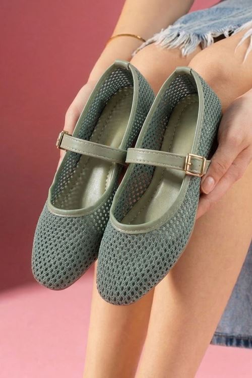 Avila Mint Yeşili Fileli Gold Tokalı Kemer Bantlı Babet