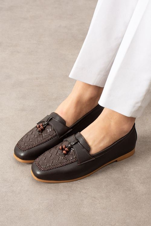 Novera Kahverengi Örgü Dikiş Saraçlı Boncuk Püsküllü Loafer Babet Günlük Ayakkabı