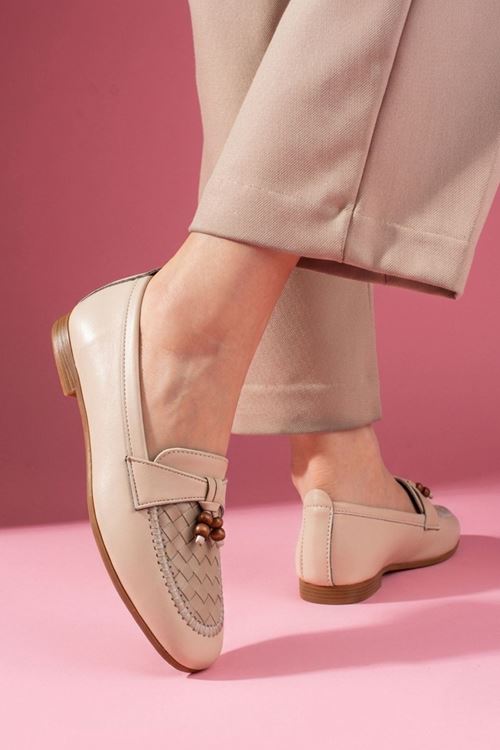 Novera Bej Örgü Dikiş Saraçlı Boncuk Püsküllü Loafer Babet Günlük Ayakkabı 