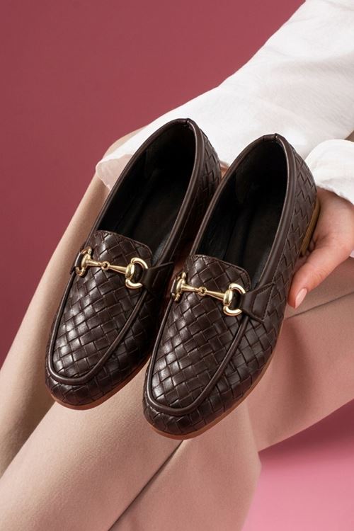 Pielza Kahverengi Örgü Dokulu Metal Tokalı Kadın Loafer Babet Günlük Ayakkabı 