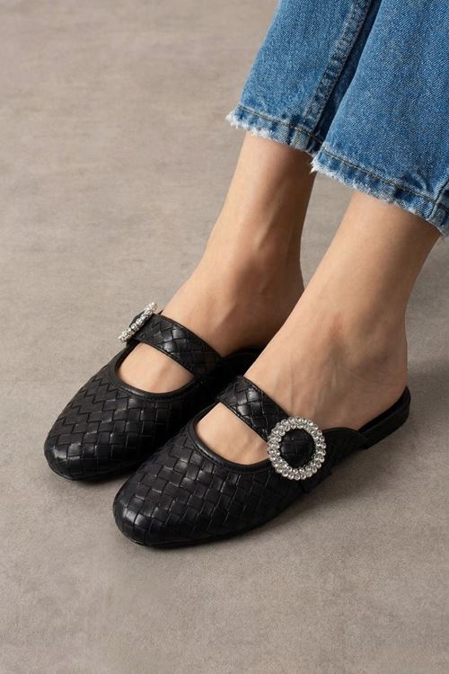 Nordy Siyah Örgü Dokulu Taş Tokalı Şık Günlük Model Kadın Terlik 