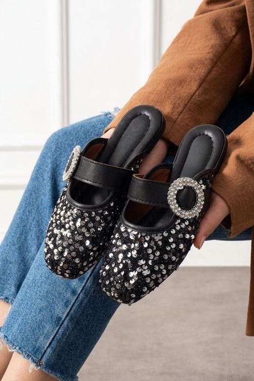 Falcon Gümüş Payetli Taş Tokalı Şık Günlük Model Kadın Terlik