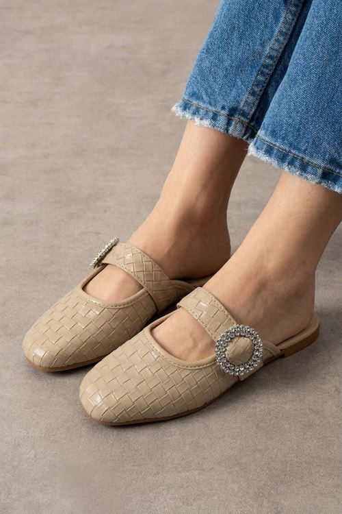 Nordy Vizon Örgü Dokulu Taş Tokalı Şık Günlük Model Kadın Terlik