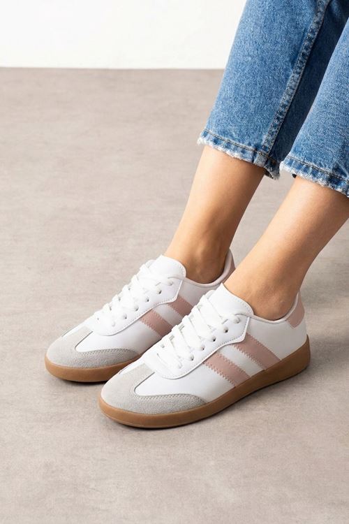 Fortuna Beyaz Pudra Şeritli Bağcıklı Spor Sneaker Ayakkabı