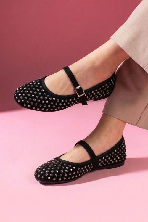 Margot Siyah Süet Platin Taş İşlemeli Nikel Tokalı Kemer Bantlı Babet