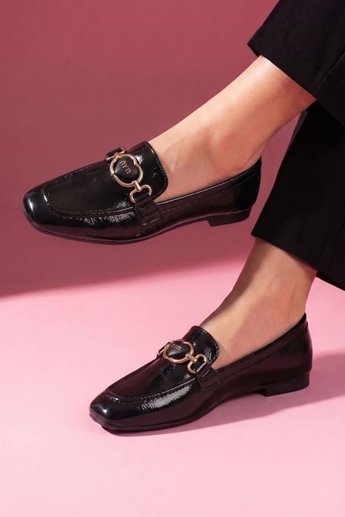 Lodi Siyah Kırışık Rugan Kadın Loafer Babet Günlük Ayakkabı