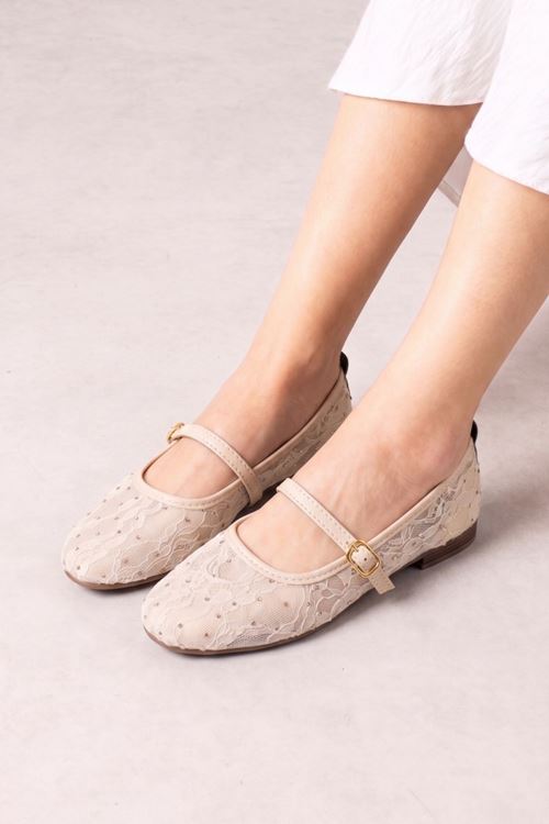 Alba Bej Tül Nakışlı Mini Taş İşlemeli Kemerli Premium Babet