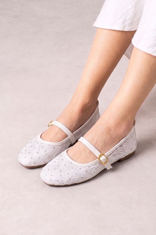 Alba Beyaz Tül Nakışlı Mini Taş İşlemeli Kemerli Premium Babet