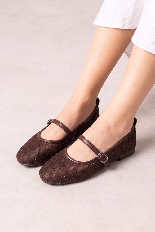 Alba Kahverengi Tül Nakışlı Mini Taş İşlemeli Kemerli Premium Babet